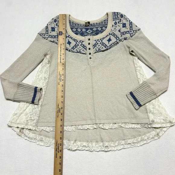 Free People Henley Shirt XS Cabin In Woods Cream Knit Lace Waffle Boho Fair Isle - Picture 7 of 11